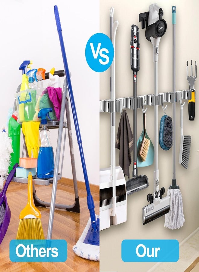 Tskcos Mop and Broom Holder Wall Mount Heavy Duty, Sturdy Stainless Steel Broom Cleaning Supplies Organizer, Metal Mop Broom Hanger Rack Wall Mounted 5 Racks 4 Hooks - Image 5